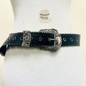 Black faux leather belt with silver buckle